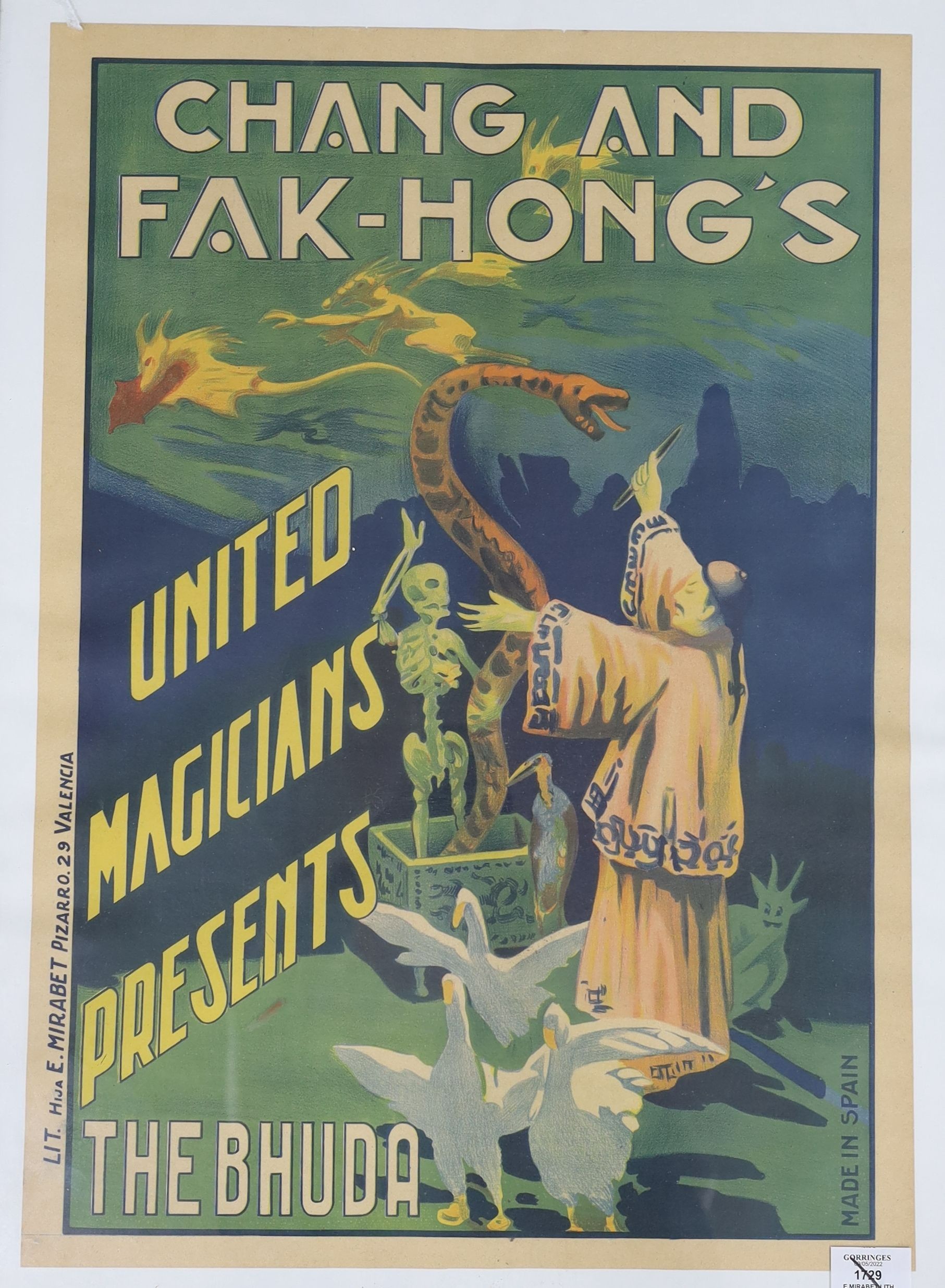E.Mirabet lith. colour lithograph, ‘Great Ghang and Fak-Hongs United Magicians presents The Invisible Man’, 63 x 43.5cm.